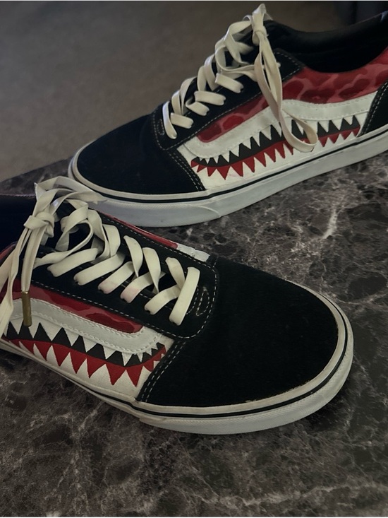Vans Other - Custom Vans Black & Red Low-Top Skate Sneakers with Shark Tooth Graphic